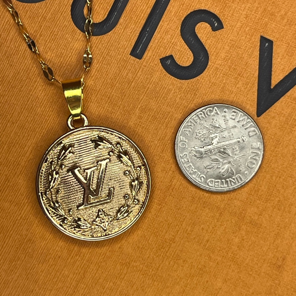 Gold Vintage LV Stamped Upcycled Charm Pendant Necklace - Picture 4 of 9